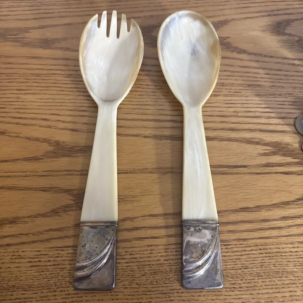 Vintage Art Deco 835 Solid Silver & Natural Horn Salad Serving Set Spoon Fork